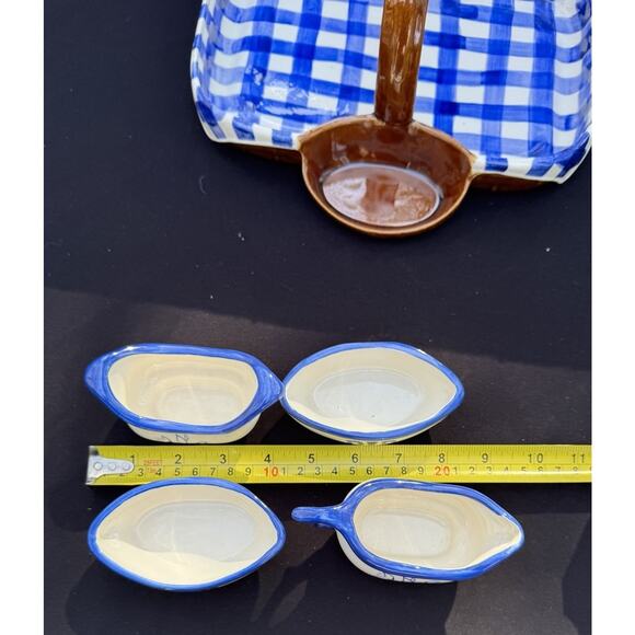 Vtg Picnic Basket Serving Tray With 2 Sauce 2 Dip Bowls Adorable Blue Check - Picture 11 of 12